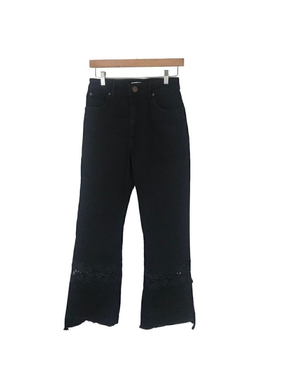 Sandro Paris Tori Flared Lace Inset High Rise Raw Hem Jeans Size 38 (M /6-8) - Picture 3 of 10